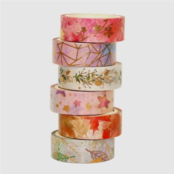 NEW 6 Rolls Washi Tape Gold Foiled Leaves, Geometric, Stars - Pink/ Purple - Picture 4 of 6